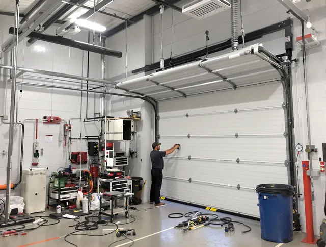 Avon Lake Garage Door Repair certified technician performing commercial door repair at a Avon Lake business facility