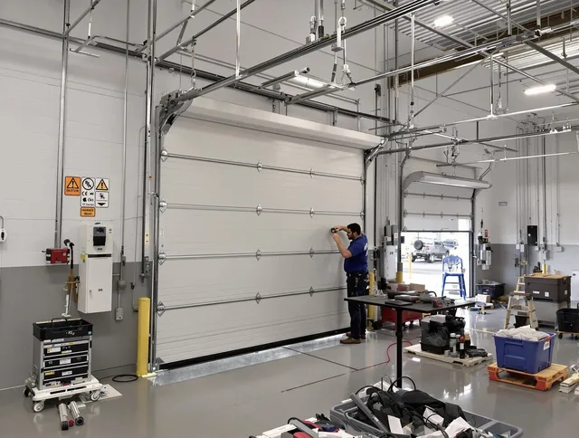 Commercial garage door repair being performed by Avon Lake Garage Door Repair expert in Avon Lake