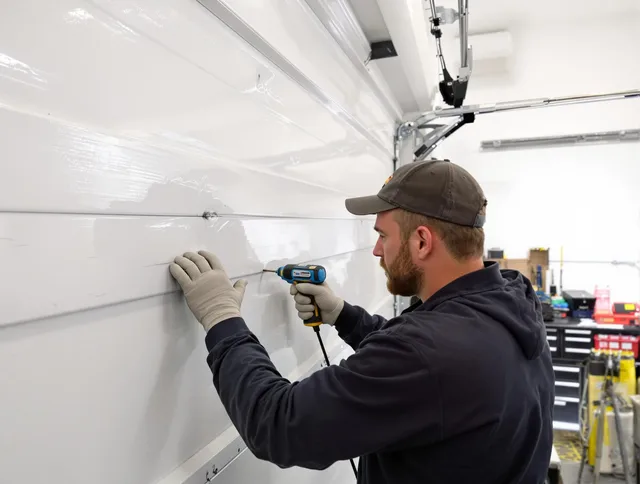 Avon Lake Garage Door Repair technician demonstrating precision dent removal techniques on a Avon Lake garage door