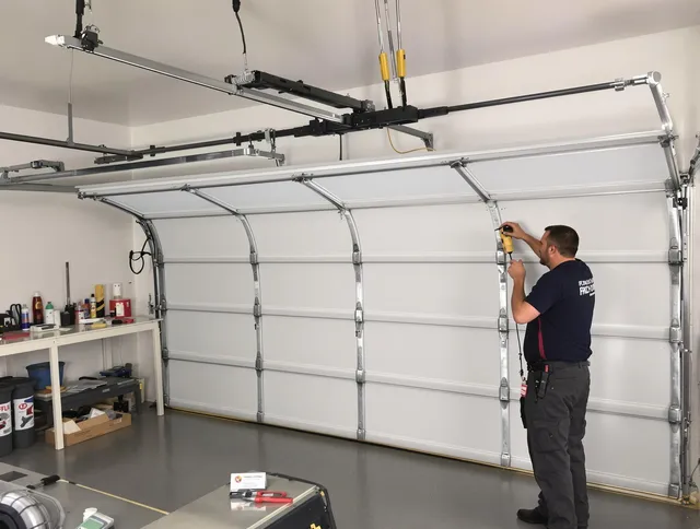 Avon Lake Garage Door Repair certified technician performing overhead door system repair in Avon Lake