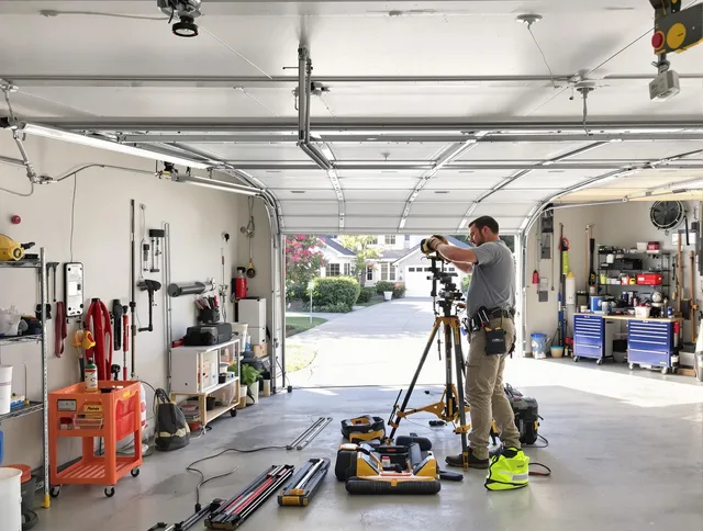 Avon Lake Garage Door Repair specialist performing laser-guided track alignment in Avon Lake